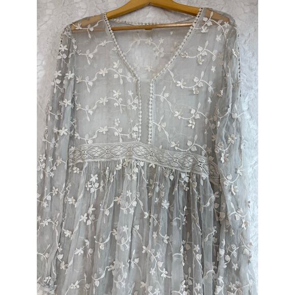 Sundance Platinum Gray Sheer Embroidered Floral Lace Peasant Dress Cottage 12 - Picture 9 of 13